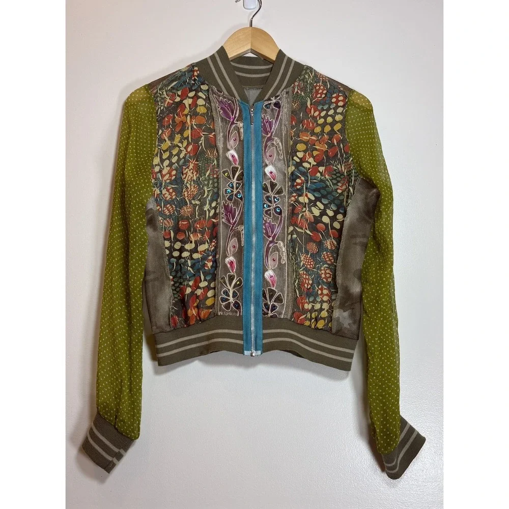 Wooxoom Paris Silk Patchwork Bomber Jacket Embroidered Mesh Green T3 Medium Rare